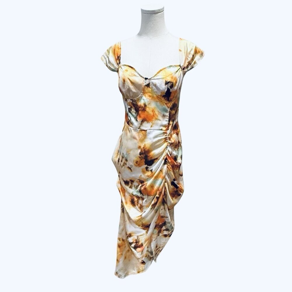 NWT Cider Dress Bustier Satin Ruched Yellow Tie Die Midi Dress Womens Size XL - Picture 4 of 11